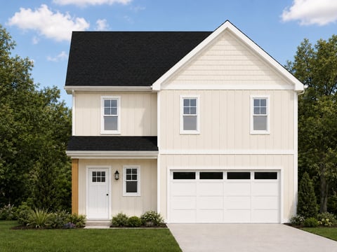 Two-story white farmhouse with black roof, white garage doors, and surrounding green landscaping